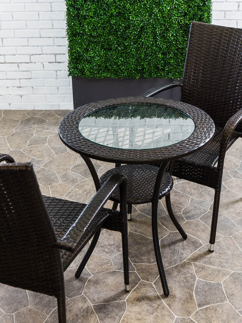 Dark wicker bistro set with glass top table